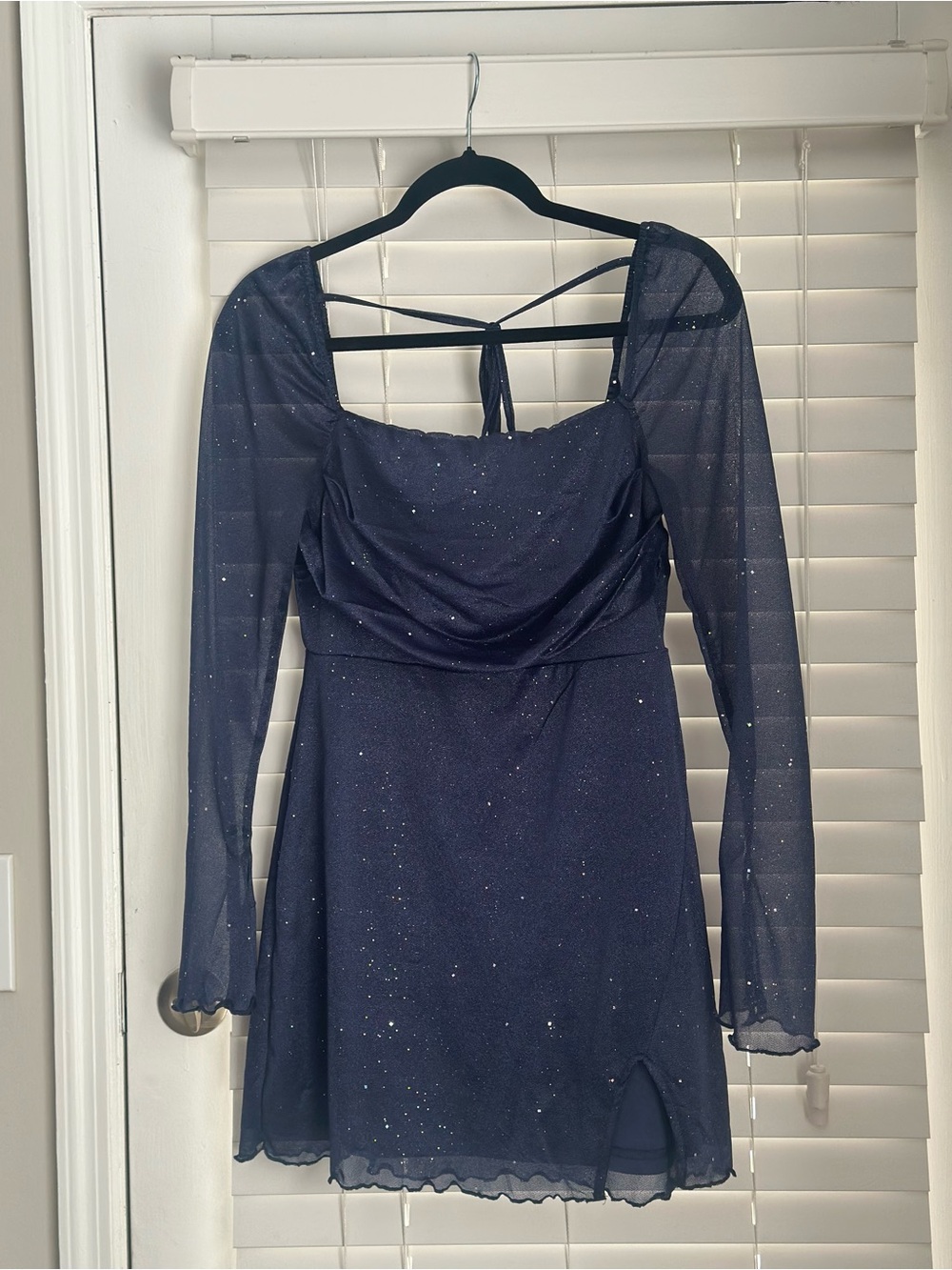 Sparkle Mesh Long Sleeve Mini Dress - Navy